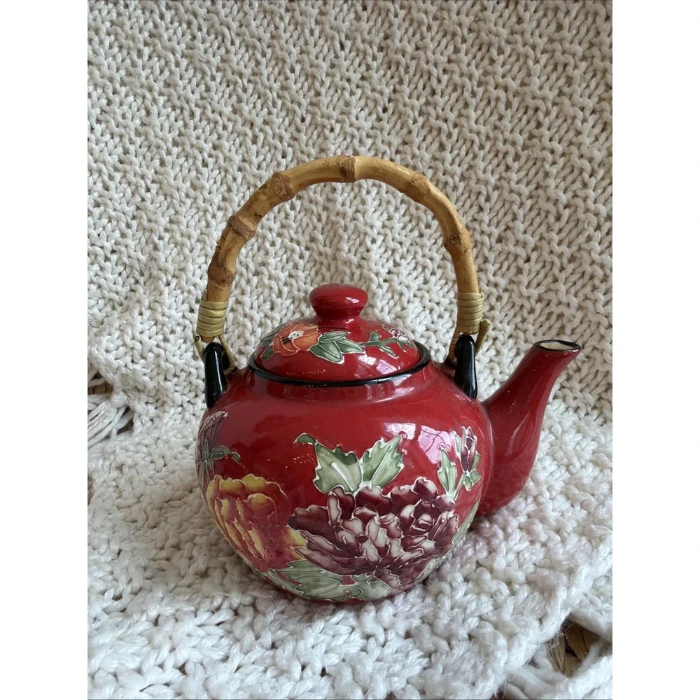 Pier One Red Peony Teapot with Bamboo Handle Handpainted Stoneware
